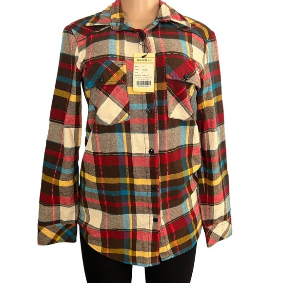 3/$30 🍂 Matchstick Long Sleeve Button Down Small Red Brown White Flannel Cotton - Picture 1 of 10